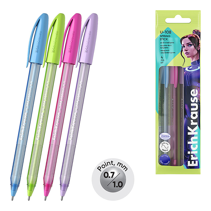 Набор из 4 ручек шариковых U-108 Stick Spring, 0.7, Ultra Glide Technology, цвет чернил с