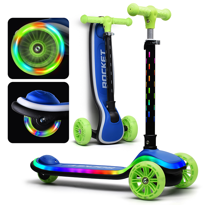 Самокат трёхколёсный R0200 ROCKET светящиеся колеса PU, дека, рулевая стойка, цвет зелено-синий
