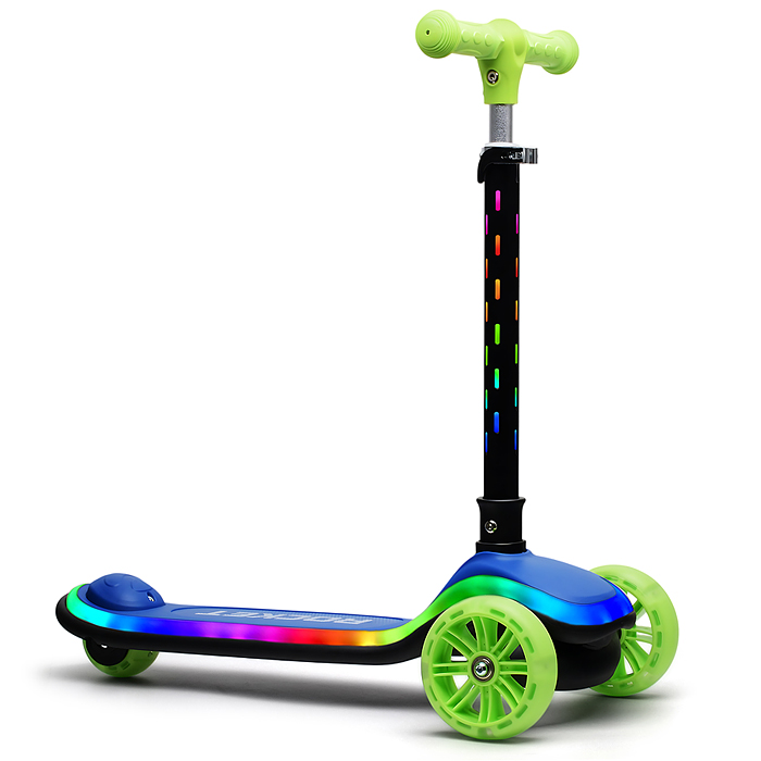 Фото к товару Самокат трёхколёсный R0200 ROCKET светящиеся колеса PU, дека, рулевая стойка, цвет зелено-синий Самокат трёхколёсный R0200 ROCKET светящиеся колеса PU, дека, рулевая стойка, цвет зелено-синий