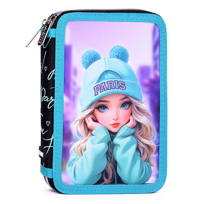 Пенал "Paris Girl" 21x14x5,2 см, двухстворчатый прямоугольный для 44 предметов, плотный изн