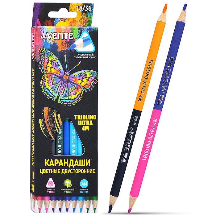 Карандаши цветные двухсторонние "Triolino Ultra 4М" 18 штук /36 цветов, 4М, диаметр грифеля 3мм