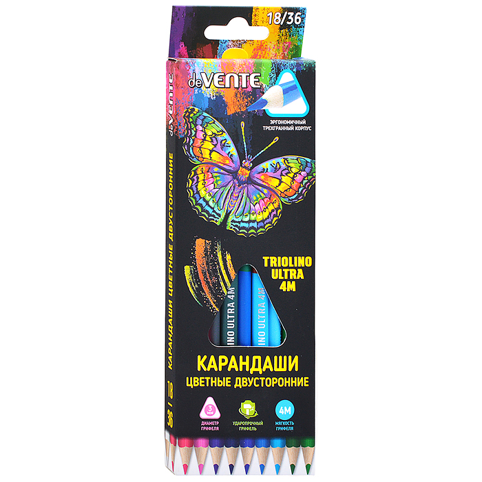 Фото к товару Карандаши цветные двухсторонние "Triolino Ultra 4М" 18 штук /36 цветов, 4М, диаметр грифеля 3мм Карандаши цветные двухсторонние "Triolino Ultra 4М" 18 штук /36 цветов, 4М, диаметр грифеля 3мм
