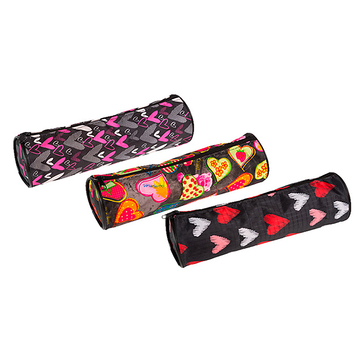 Пенал "Attomex. Hearts" 21x6x6 см, круглый для 55 предметов, на молнии, текстильный с рисунком, ассо