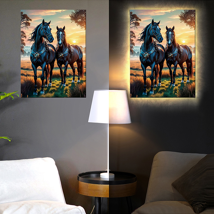 Картина по номерам 40х50 "Пара лошадей на закате" USB LED подсветка (26 цветов)
