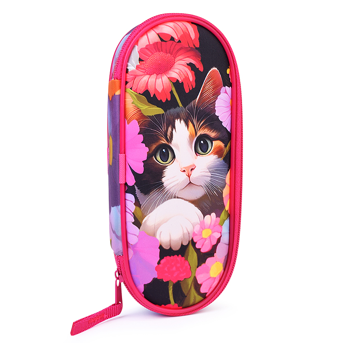 Пенал корпусный овальный "Кот в цветах" размер 210*85*50 мм. 