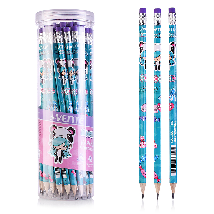 Карандаш чернографитный "NicoNico" HB, диаметр грифеля 2 мм, трёхгранный мятный корпус с