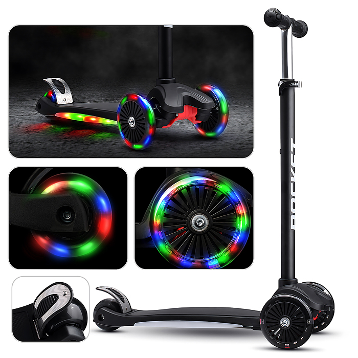 Самокат 3-х колесный ROCKET,колеса PU со светом, ABEC 7, черный в пакете