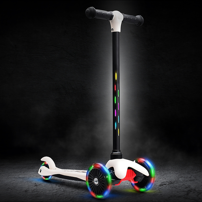 Фото к товару Самокат 3-х колесный ROCKET,колеса PU со светом, светящаяся стойка, ABEC 7, белый Самокат 3-х колесный ROCKET,колеса PU со светом, светящаяся стойка, ABEC 7, белый
