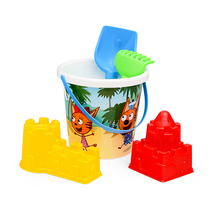 Песочный набор "Три кота и море приключений" №6: Ведро с наклейкой, лопатка №5, грабельки №5, формоч