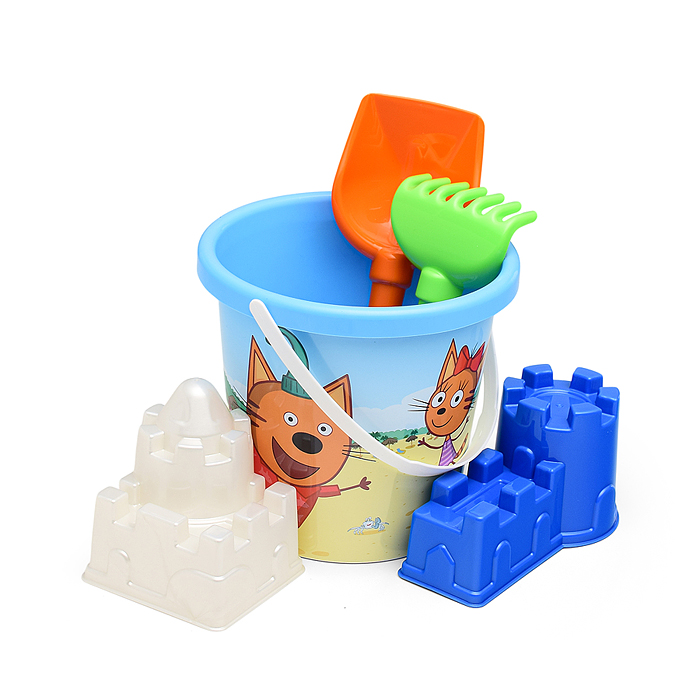 Песочный набор "Три кота и море приключений" №6: Ведро с наклейкой, лопатка №5, грабельки №5, формоч