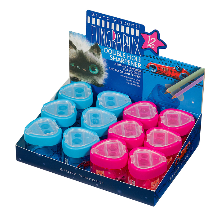 Точилка треугольная с контейнером, 2 отверстия "Funsharp" (2 цвета)