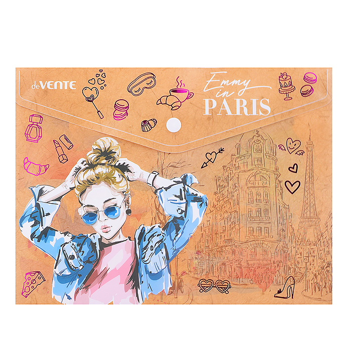 Папка-конверт на кнопке "Emmy in Paris" A5 (240x180 мм), 180 мкм, фактура крафт-имитация с 