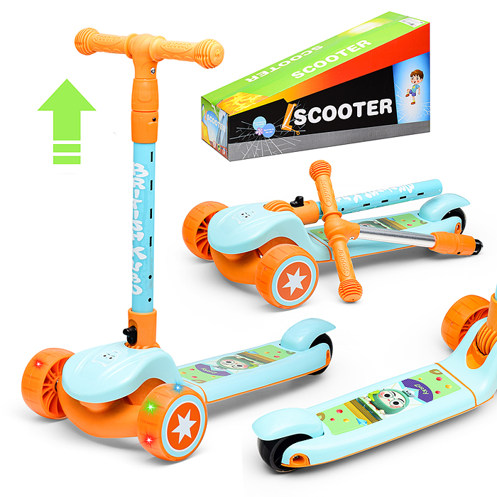 Самокат U001196Y 3-х кол., оранжево-голубой, PU, в коробке