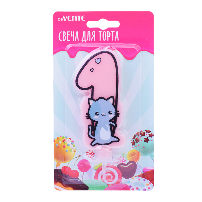 Свеча-цифра для торта "Котик" 1, размер свечки 9,1x6,6x1 см, с рисунком, розовая, в картонн