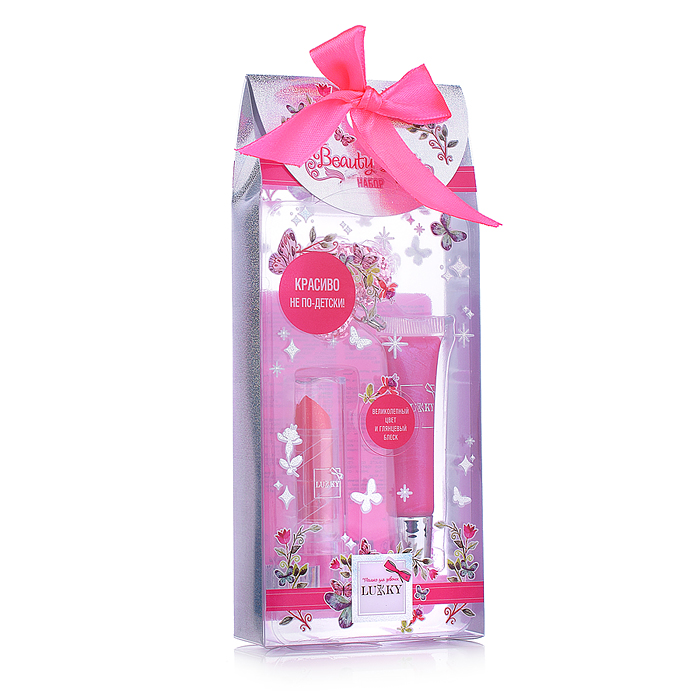 Блеск для губ и помада с блёстками Beauty Duet Ягода-Малина набор ПВХ коробочка