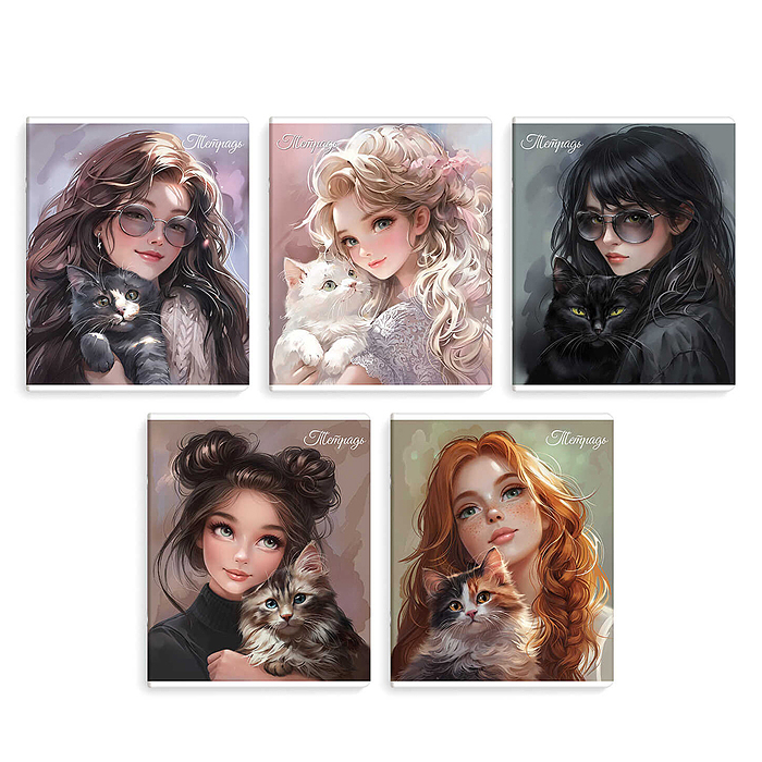 Тетрадь 48 л, клетка "Красотка с котиком" А5+, мягкий переплёт