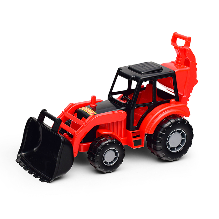 Фото к товару Мастер, трактор-экскаватор (красно-чёрный) (в сеточке) Мастер, трактор-экскаватор (красно-чёрный) (в сеточке)