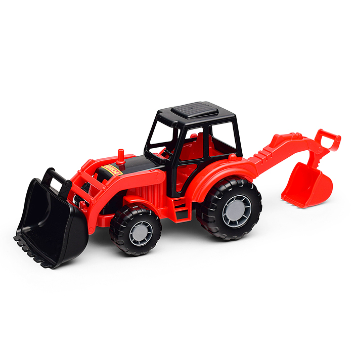 Фото к товару Мастер, трактор-экскаватор (красно-чёрный) (в сеточке) Мастер, трактор-экскаватор (красно-чёрный) (в сеточке)