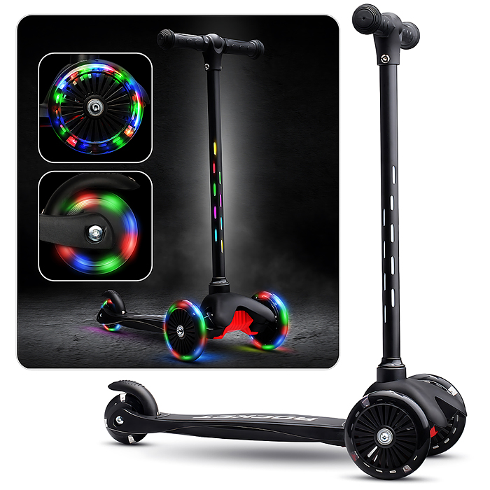 Самокат 3-х колесный ROCKET,колеса PU со светом, светящаяся стойка, ABEC 7, черный