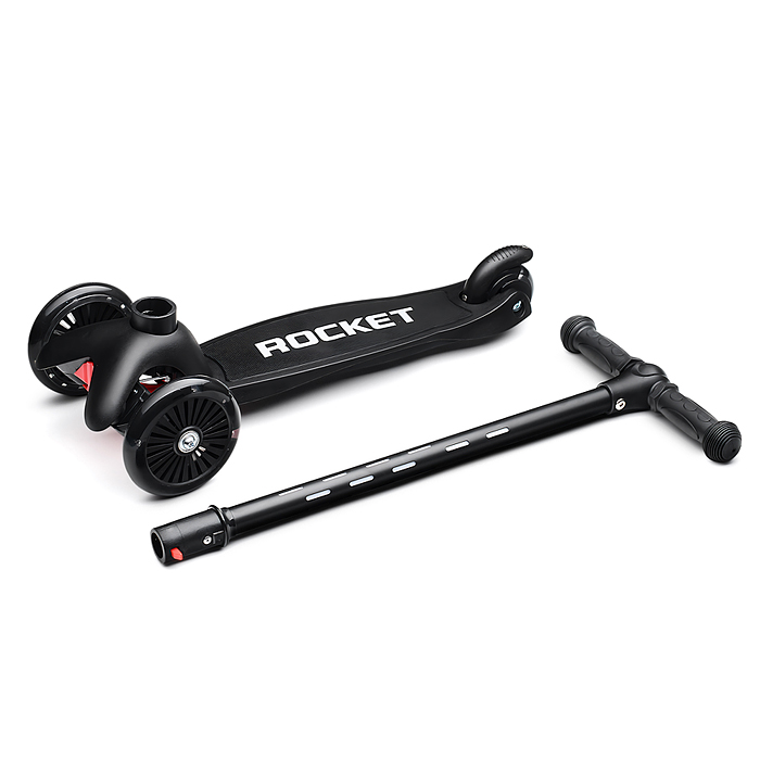 Фото к товару Самокат 3-х колесный ROCKET,колеса PU со светом, светящаяся стойка, ABEC 7, черный Самокат 3-х колесный ROCKET,колеса PU со светом, светящаяся стойка, ABEC 7, черный