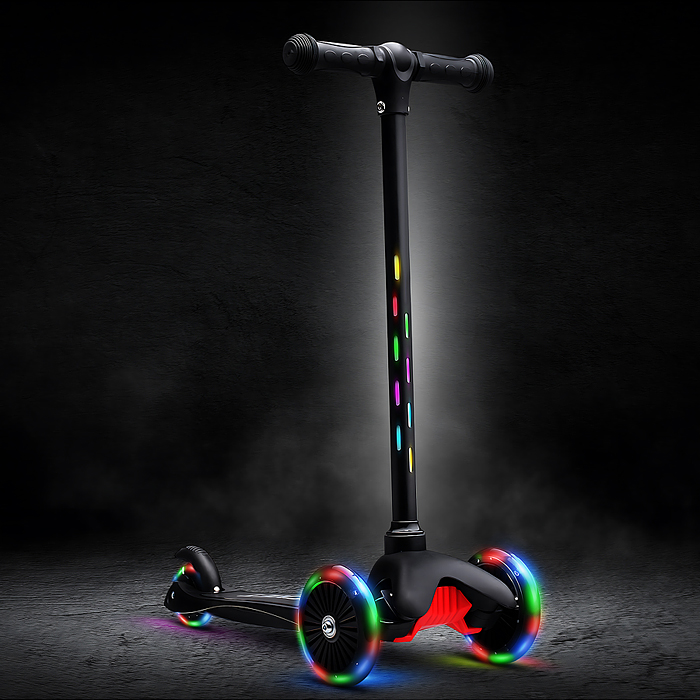 Фото к товару Самокат 3-х колесный ROCKET,колеса PU со светом, светящаяся стойка, ABEC 7, черный Самокат 3-х колесный ROCKET,колеса PU со светом, светящаяся стойка, ABEC 7, черный