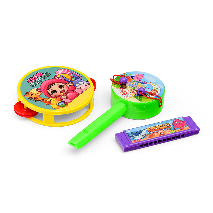 Набор музыкальных инструментов XY2023-9 (бубен,трещотка, губная гармошка) в пакете