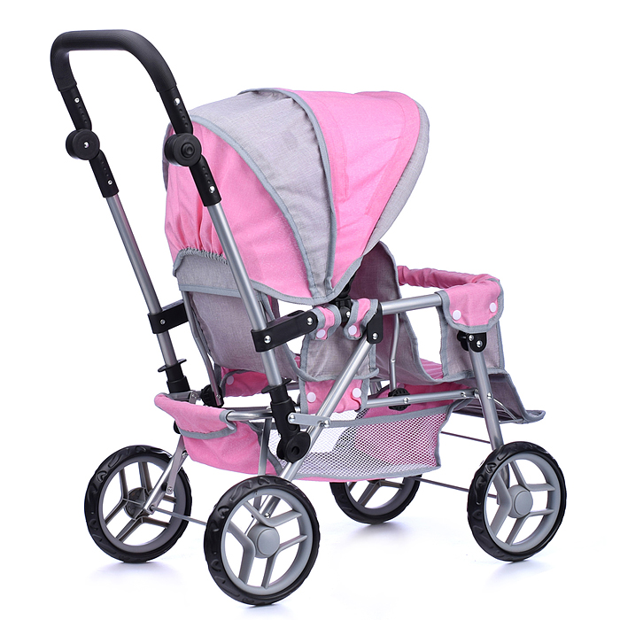 Коляска для кукол 9386 для двойни, металлическая, прогулочная, с тентом, с корзиной, цвет серо-розов