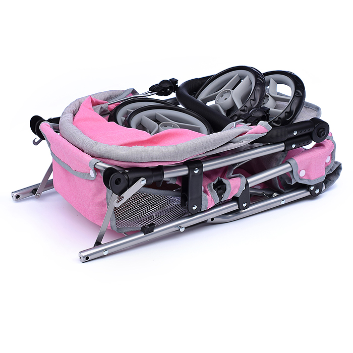 Коляска для кукол 9386 для двойни, металлическая, прогулочная, с тентом, с корзиной, цвет серо-розов