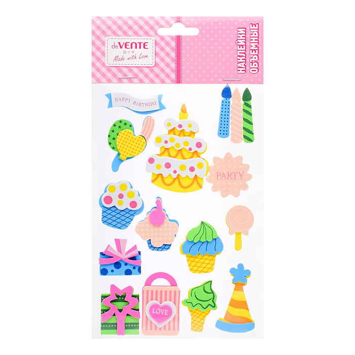 Наклейки объемные "День рождения" из фоамирана, карточка 100x150 мм, в пластиковом пакете с Наклейки объемные "День рождения" из фоамирана, карточка 100x150 мм, в пластиковом пакете с