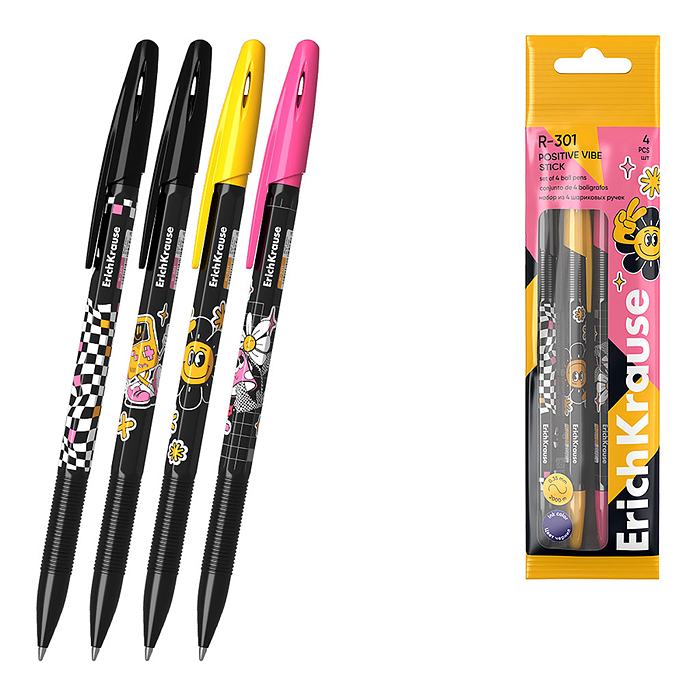 Набор из 4 ручек шариковых R-301 Stick Positive Vibe 0.7, цвет чернил синий (в пакете)