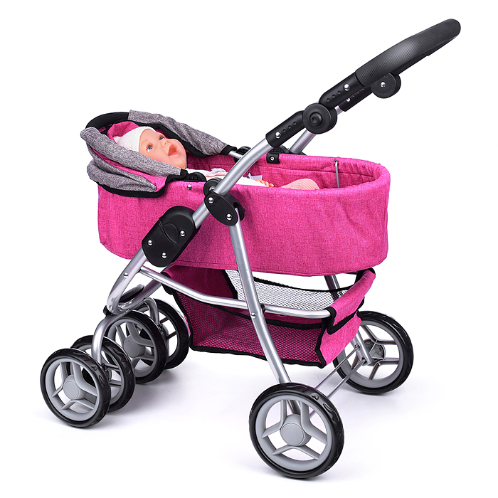 Коляска-трансформер 9662M для кукол, металлическая, регулируемая ручка, с корзиной, цвет розовый