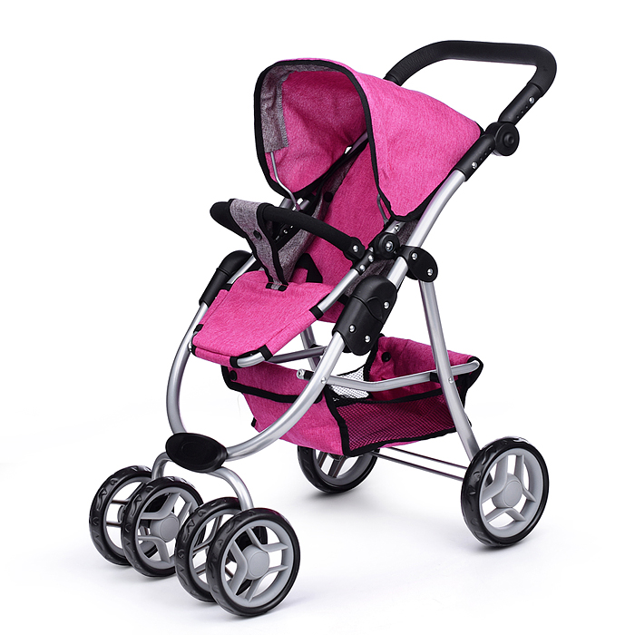 Коляска-трансформер 9662M для кукол, металлическая, регулируемая ручка, с корзиной, цвет розовый