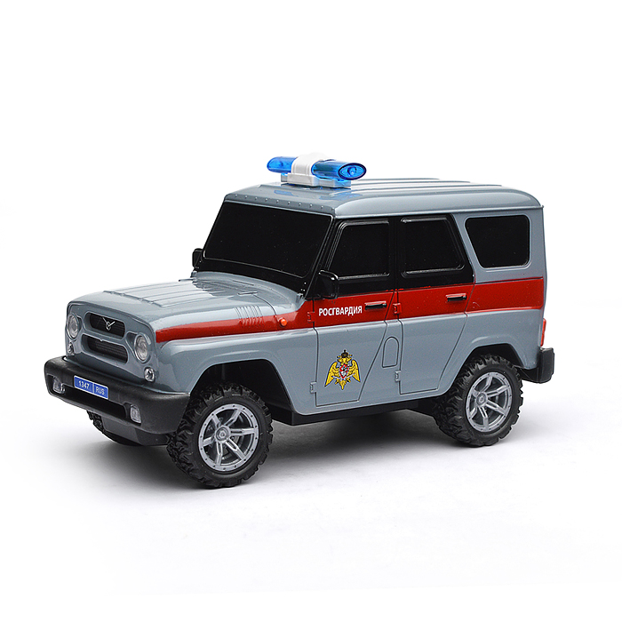 Фото к товару Машина UAZ Hunter Росгвардия, р/у 18 см, свет, сер, в коробке Машина UAZ Hunter Росгвардия, р/у 18 см, свет, сер, в коробке