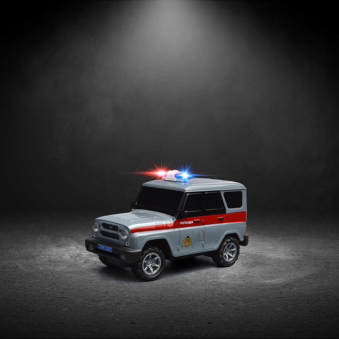 Фото к товару Машина UAZ Hunter Росгвардия, р/у 18 см, свет, сер, в коробке Машина UAZ Hunter Росгвардия, р/у 18 см, свет, сер, в коробке