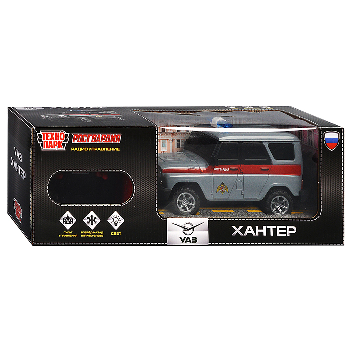 Фото к товару Машина UAZ Hunter Росгвардия, р/у 18 см, свет, сер, в коробке Машина UAZ Hunter Росгвардия, р/у 18 см, свет, сер, в коробке