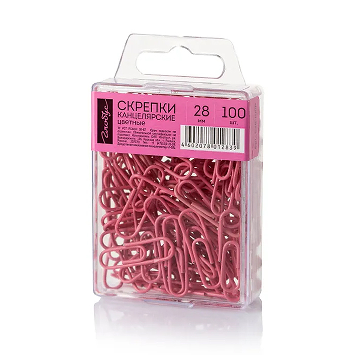 Скрепки L28 мм 100 шт., пластик. коробка, европодвес, розовые 