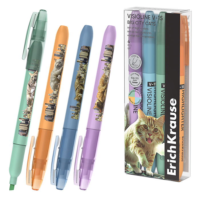 Набор из 4 текстмаркеров Visioline V-15 Big City Cats, цвет чернил ассорти 