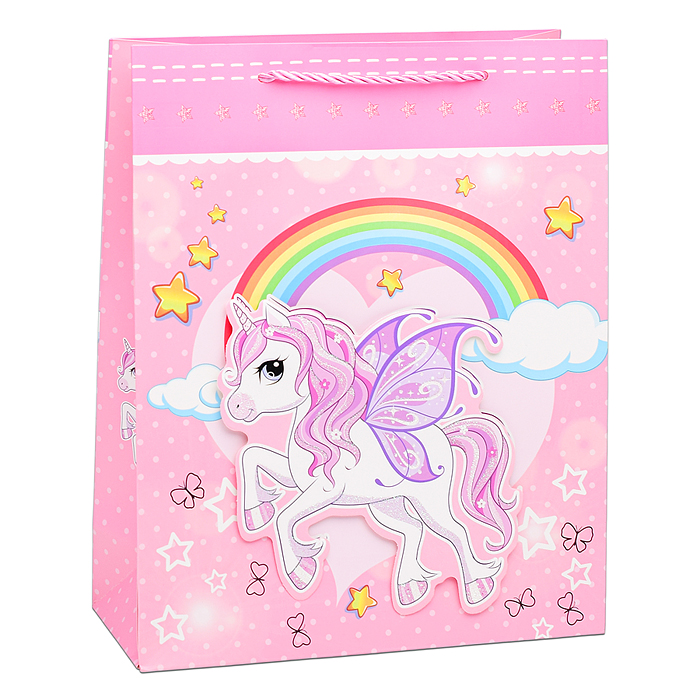 Фото к товару Пакет подарочный 00-6358 "Единорог на радуге" 26х10х32 см Пакет подарочный 00-6358 "Единорог на радуге" 26х10х32 см