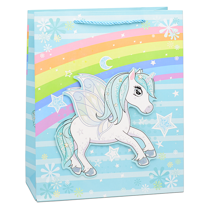 Фото к товару Пакет подарочный 00-6358 "Единорог на радуге" 26х10х32 см Пакет подарочный 00-6358 "Единорог на радуге" 26х10х32 см