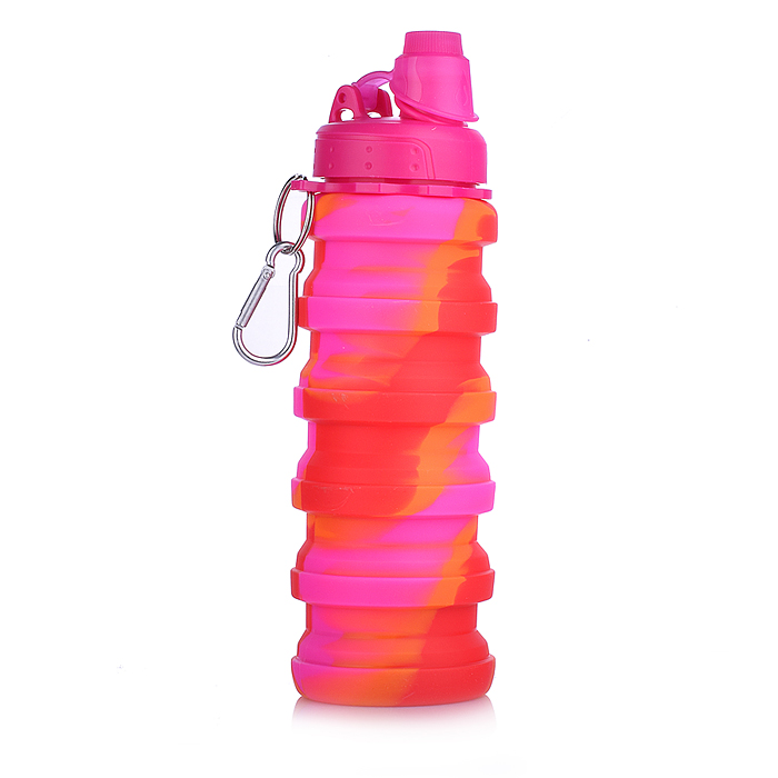 Фото к товару Бутылка складная 500 мл, герметичная, с пластиковой крышкой и поильником, с карабином, оранжево-розо Бутылка складная 500 мл, герметичная, с пластиковой крышкой и поильником, с карабином, оранжево-розо