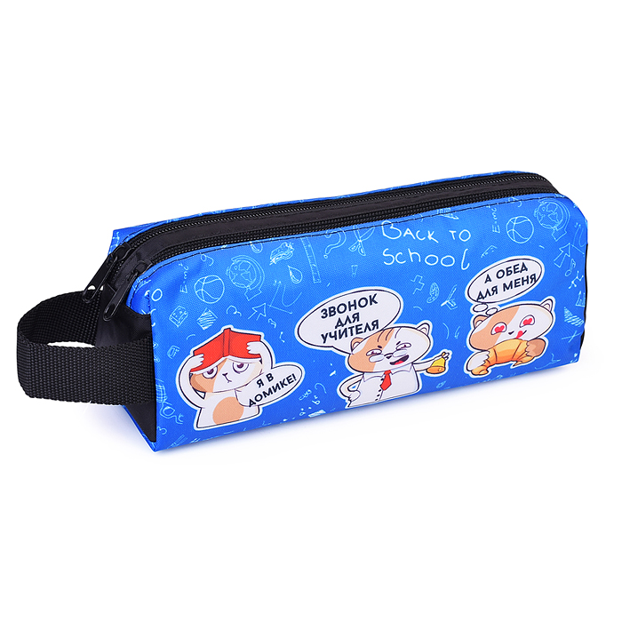 Пенал-косметичка, двухсекционный (двухсторонняя печать, ткань) с ручкой "Котоучение" 2025
