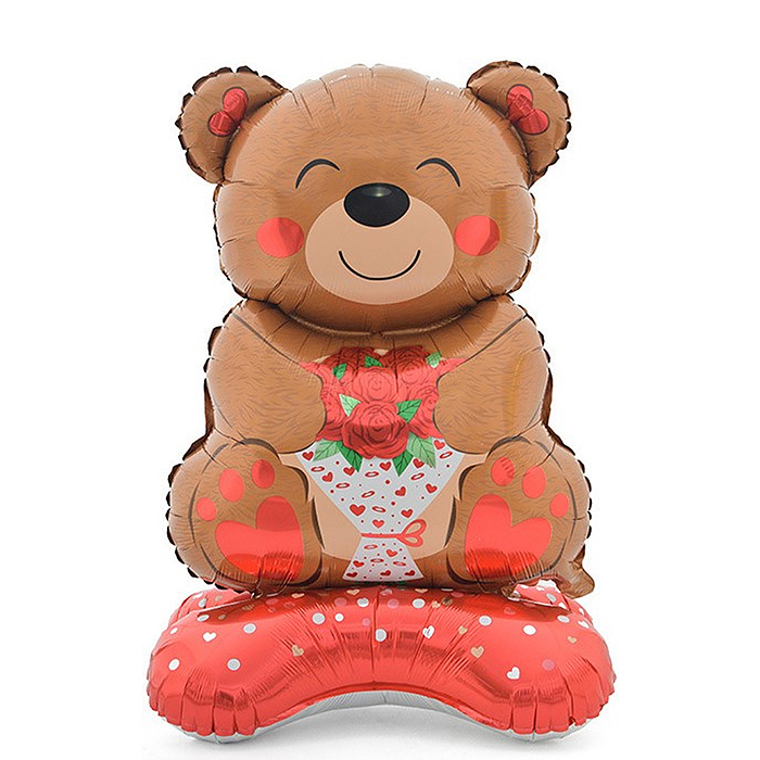 Шар 3D (39''/99 см) Фигура на подставке, Мишка с букетом, 1 шт. в уп.