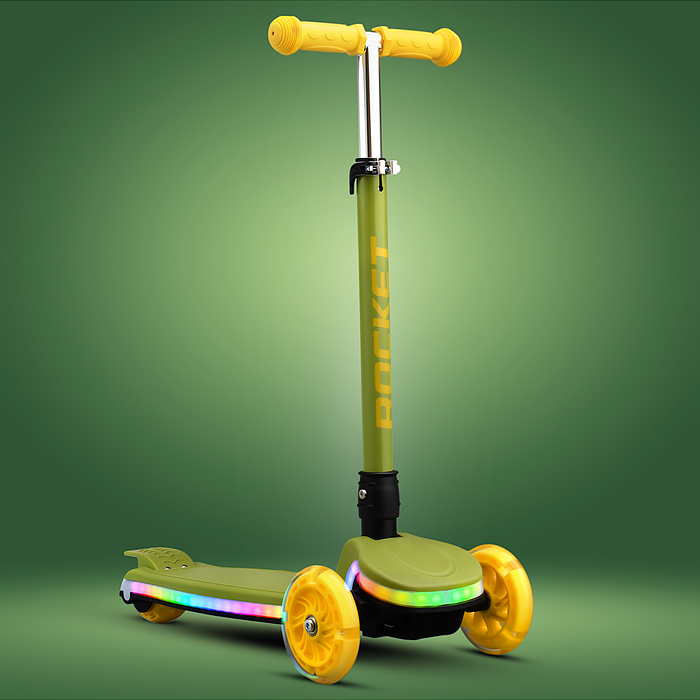 Фото к товару Самокат трёхколёсный R0198 ROCKET колёса световые PU, цвет зелёный Самокат трёхколёсный R0198 ROCKET колёса световые PU, цвет зелёный