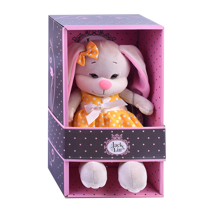 Зайка Лин в жёлтом платье в горошек, 20 см, в коробке 