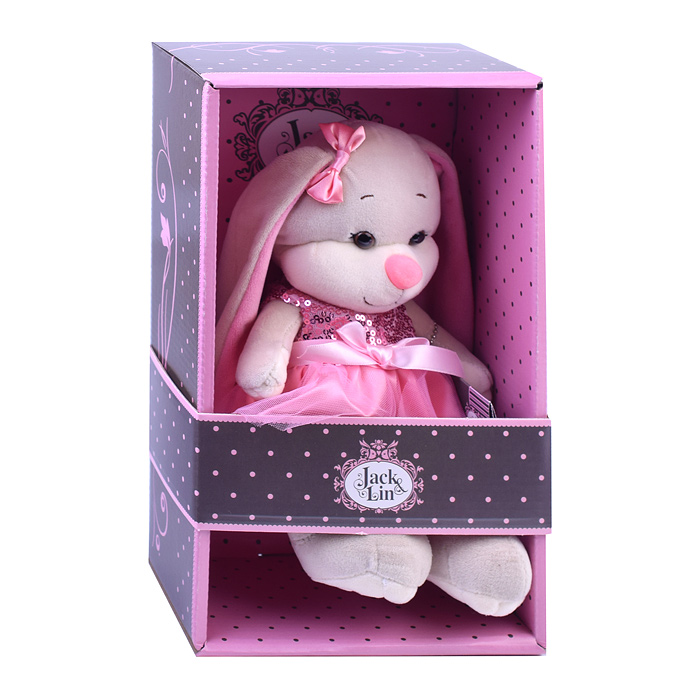 Зайка Лин в розовом платье с пайетками, 20 см, в коробке 
