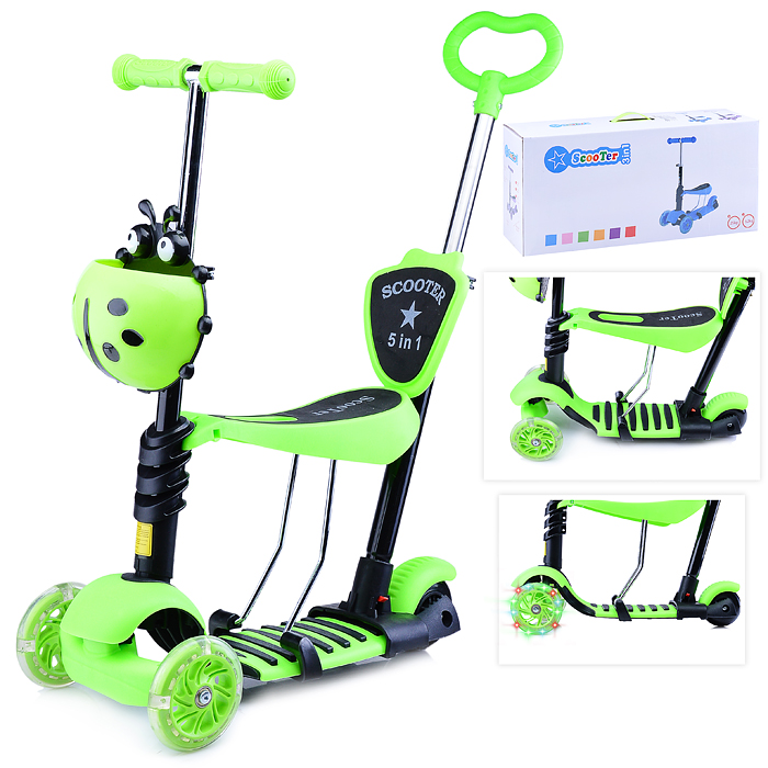 Самокат U038233Y 3-х кол., зелёный, светящиеся колёса, PVC, ABEC 7, в коробке