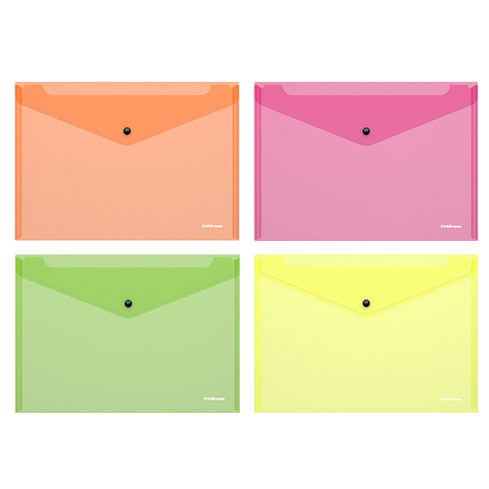 Папка-конверт на кнопке пластиковая Fizzy Neon, полупрозрачная, A4, ассорти 