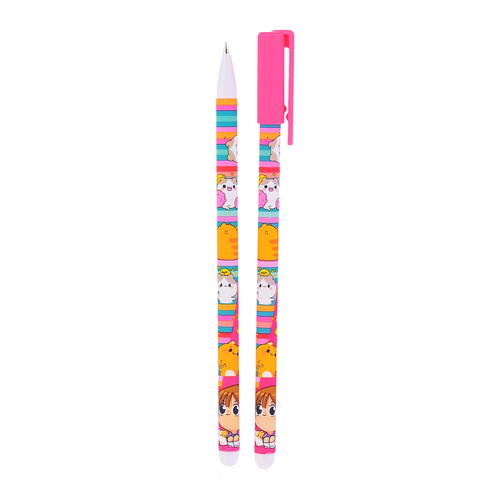 Ручка шариковая прорезиненная Каваи "Девочка с котиками", цвет чернил синий, 0.7мм, в друме