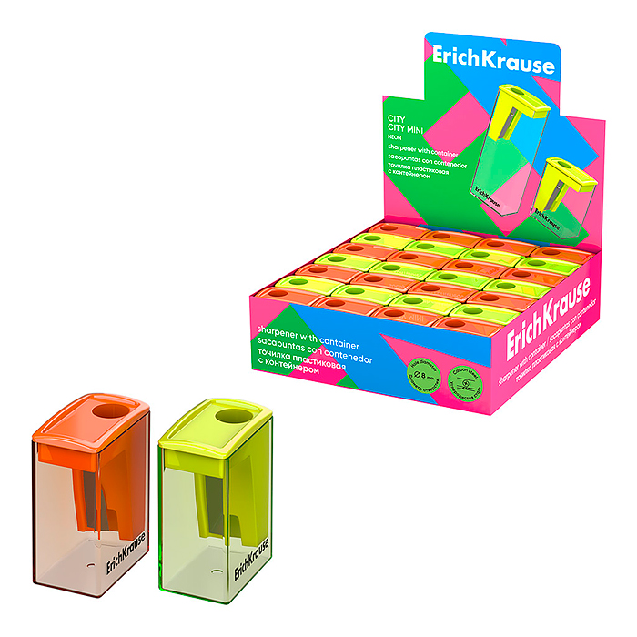 Точилка пластиковая City Mini, Neon, с контейнером, ассорти 