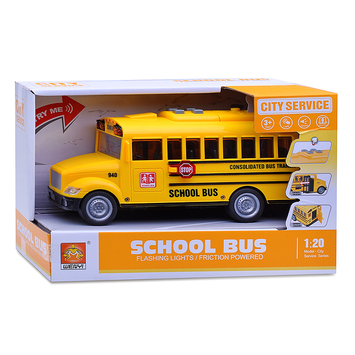 Фото к товару Автобус WY940A "Школьный" 1:20 (свет, звук) в коробке Автобус WY940A "Школьный" 1:20 (свет, звук) в коробке